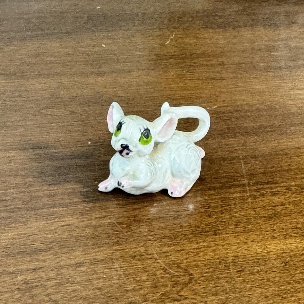 Vintage Ceramic Mouse Figurine Miniature White Green Eyes Collectible Small Pet